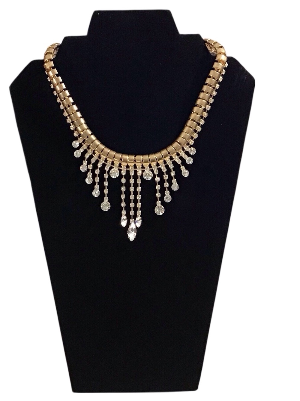 Articulated Gold Statement Necklace Clear Gem Fringe Fashion Jewelry